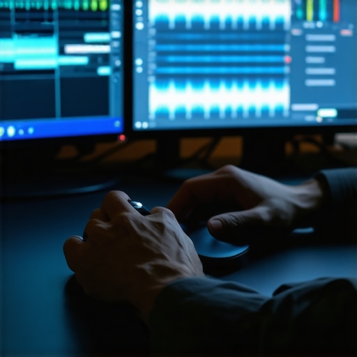 Hands of an editor using a jog wheel and vertical mouse for frame-accurate video synchronization.