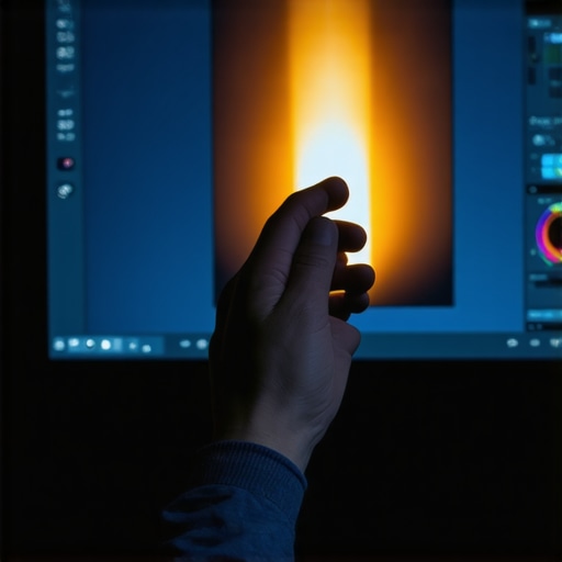 Precision Monitor Calibration Tooling A hand-held colorimeter calibrating a high-resolution video editing monitor to ensure color accuracy.