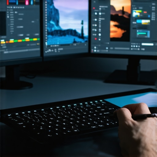 Professional video editing workstation with tablet stylus and color grading equipment.