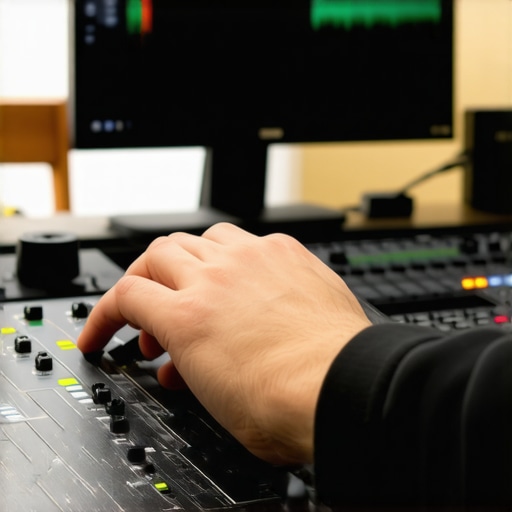 Professional video editor working on timeline synchronization with audio waveforms