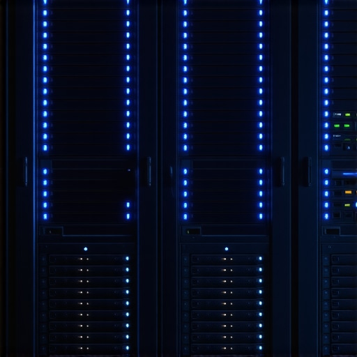 A close-up of a high-speed network attached storage system used for professional video editing workflows.