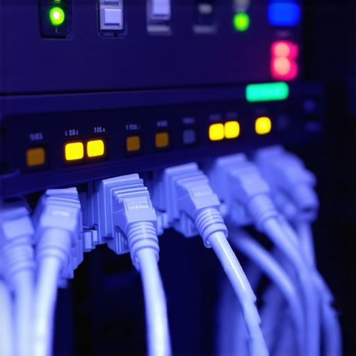High-speed network switch with connected cables in a professional editing studio setup