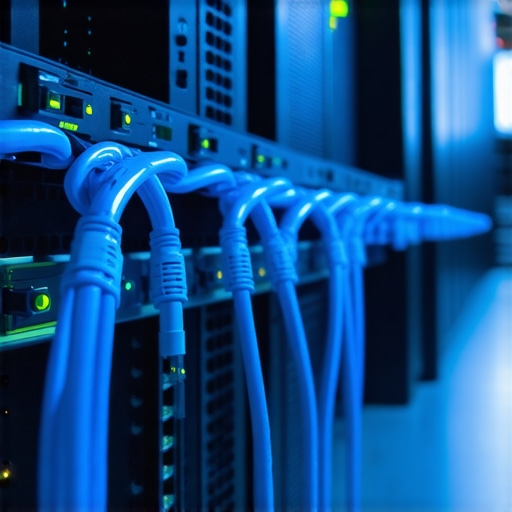 Close up of blue network cables connected to a high-speed video editing server.