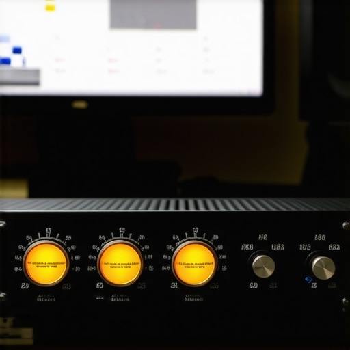 Close-up of analog VU meters on a hardware compressor used for balancing audio levels in a post-production suite.