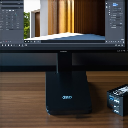 High-end architectural photography editing setup with calibrated monitor and storage hardware