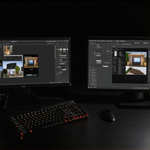 Close up of a professional retouching workstation with a focus on a graphics tablet and color-accurate monitor showing architectural details.