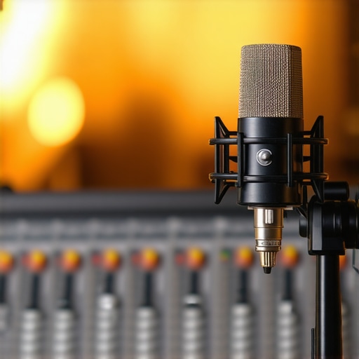 A high-end shotgun microphone and audio interface in a professional studio setting for sound design.