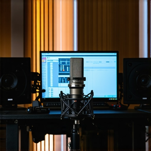 Close up of a professional microphone and desk pad designed to reduce room resonance and boxy audio.