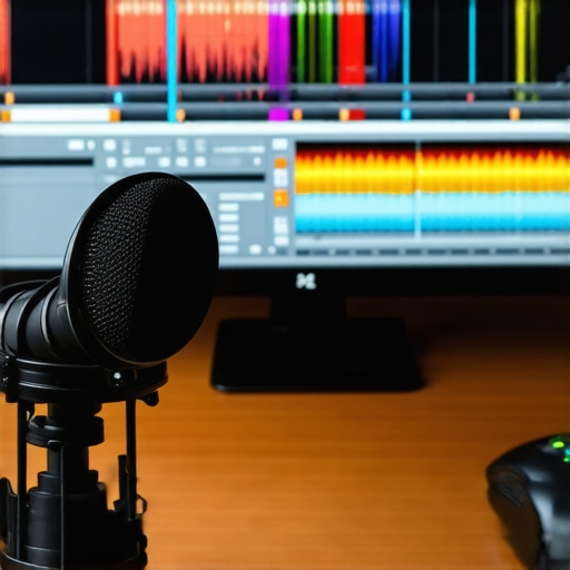 Close-up of high-end podcast editing gear including a macro pad and spectral analysis software.