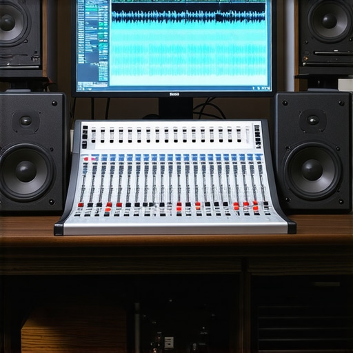 Close up of a mixing console and audio waveforms in a professional editing suite.