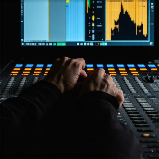 Close-up of a professional audio mixing desk showing spectral analysis and faders in a recording studio.