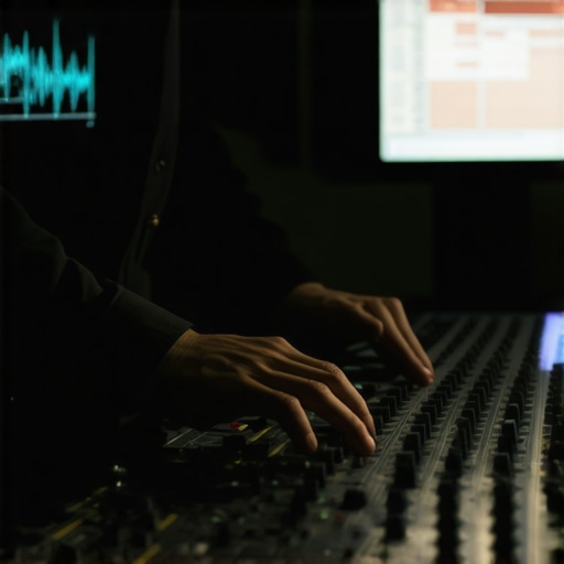 An audio engineer using a mixing console to adjust spatial depth and frequency balance in a recording studio.