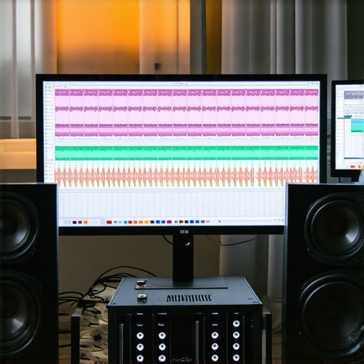 A high-end audio editing setup showing spectral analysis tools and professional monitoring hardware.