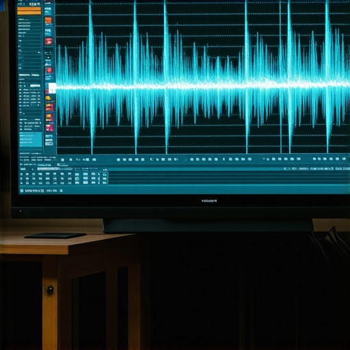 Professional Audio Spectral Analysis for Video Post-Production A professional monitor displaying spectral audio waveforms for precise video editing.