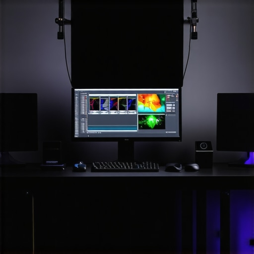 Professional Color Accurate Editing Setup A professional workspace featuring a calibrated IPS monitor with a hood for color accuracy.