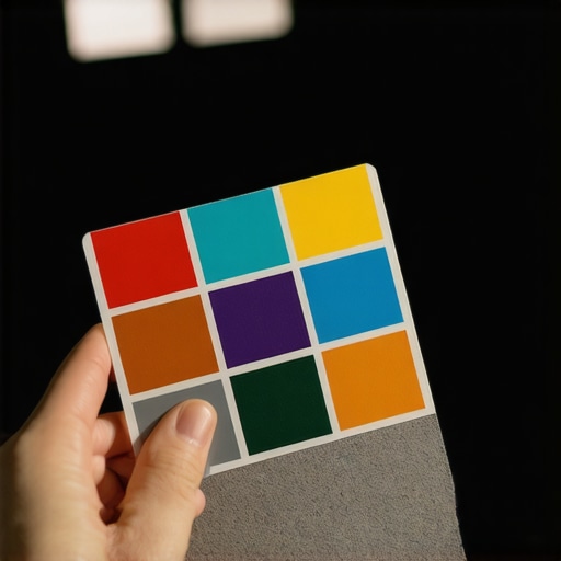 Color calibration target card held up in front of a professional camera lens on a production set to ensure white balance accuracy.