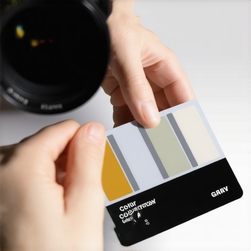 A professional 18% gray calibration card held in front of a camera lens in a studio