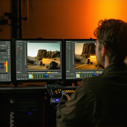 A professional editor comparing textured video footage with over-denoised footage on a high-end monitor.