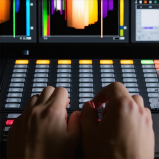 A professional colorist adjusting color curves using a hardware control panel in a dark grading suite.
