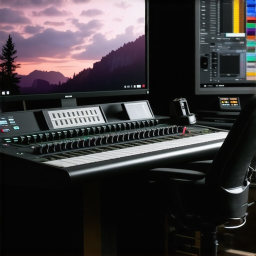 Professional Color Grading Control Surface in Action A close-up of a professional editor's hands using a color grading control surface with trackballs and dials in a darkened studio.