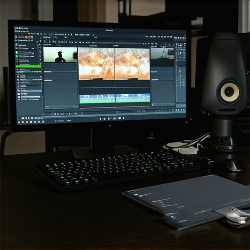 High-end video editing workstation with monitor hood and color control tools.