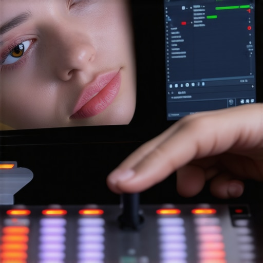 Hands of a colorist using a hardware console to grade skin tones on a professional monitor.