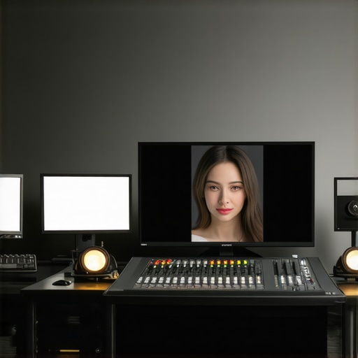 A high-end video editing workstation optimized with neutral gray walls and a calibrated monitor for color grading skin tones.