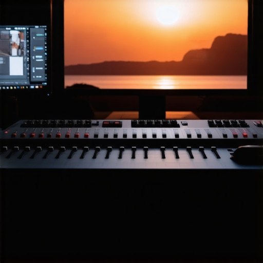 A professional editing setup featuring a mechanical control surface and a reference monitor for high-end color grading.