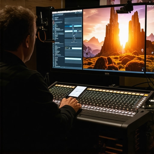 A cinematic view of an editor's workstation equipped with advanced color grading tools and HDR displays.