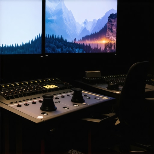 A dedicated color grading console with trackballs in a professional studio environment.