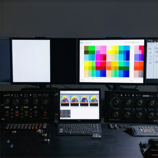 Professional color grading setup with mechanical dials and calibrated monitors.