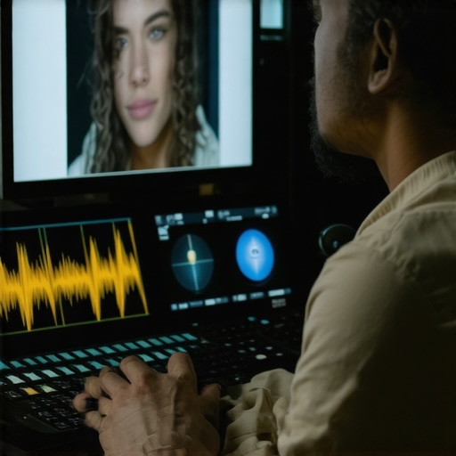 A professional video editor using a trackball and color panels to grade skin tones with technical scopes visible.