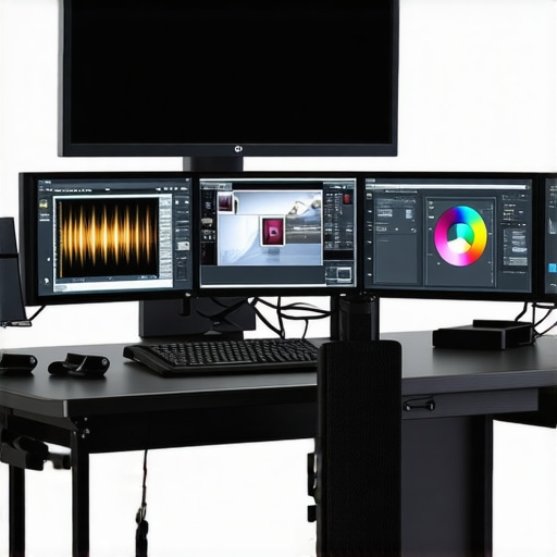 A calibrated monitor with a hood in a darkened editing studio for color accuracy.