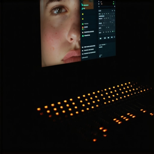 Professional Color Grading Workspace A high-end color grading setup featuring a reference monitor and tactile hardware controllers for precise skin tone correction.