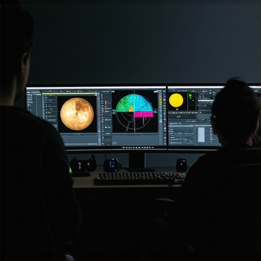 A controlled color grading studio with proper bias lighting and a calibrated monitor showing software vectorscopes.
