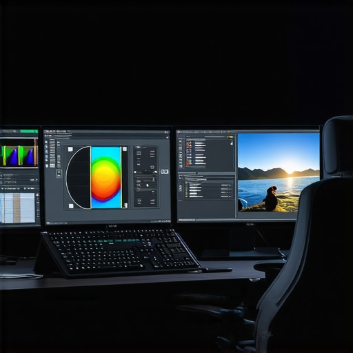 A dual-monitor editing suite showing color wheels, a vectorscope, and video editing software performing color correction on mixed lighting footage.