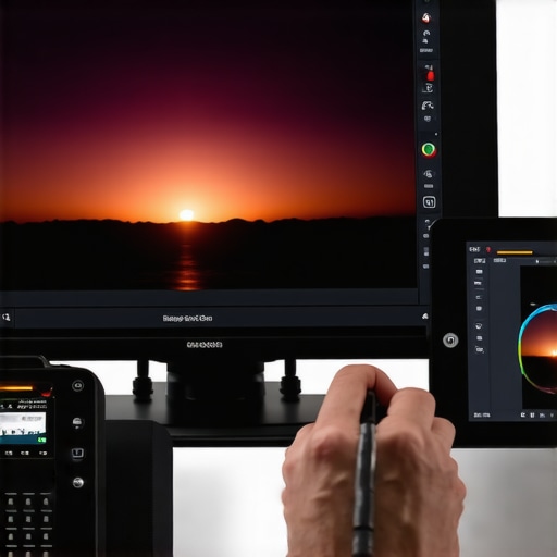 A professional photo editing setup with a wide-gamut monitor and calibration tool used for editing sunset gradients.
