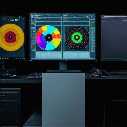 A high-end video editing setup featuring color correction software and calibrated displays.