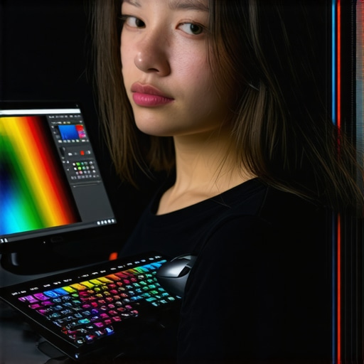 A high-end photo editing setup featuring calibrated monitors and ergonomic tools for professional skin retouching.
