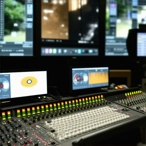 A high-end video editing suite featuring calibrated monitors and professional hardware controllers.