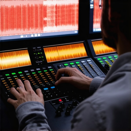 Close-up of a professional color grading control surface with video waveform monitors in a dark editing suite.