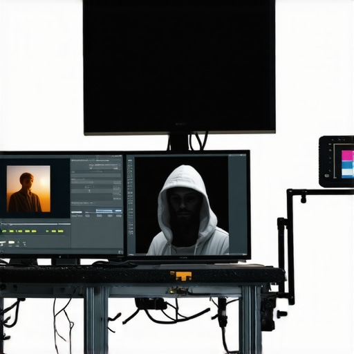 A professional photo editing workspace featuring a hooded monitor and neutral lighting for color accuracy.