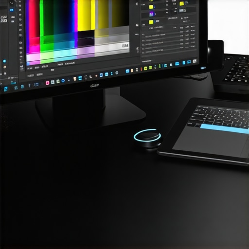 Calibration probe on a monitor next to editing accessories for color accuracy.