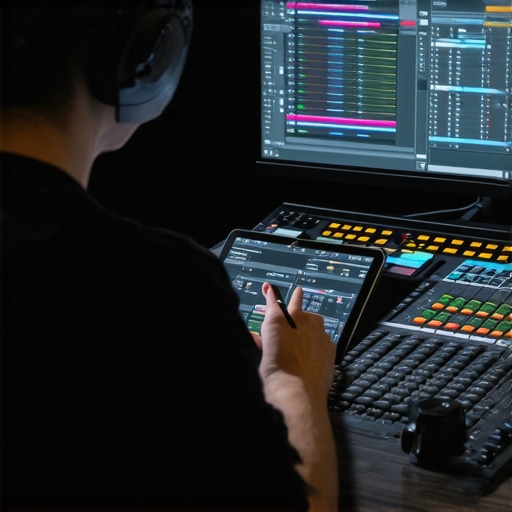 Professional Editing Hardware Setup Close-up of professional video editing tactile controllers and color-calibrated monitor.