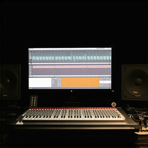Close up of a professional motorized fader controller and a high-end calibrated editing monitor in a dark studio.