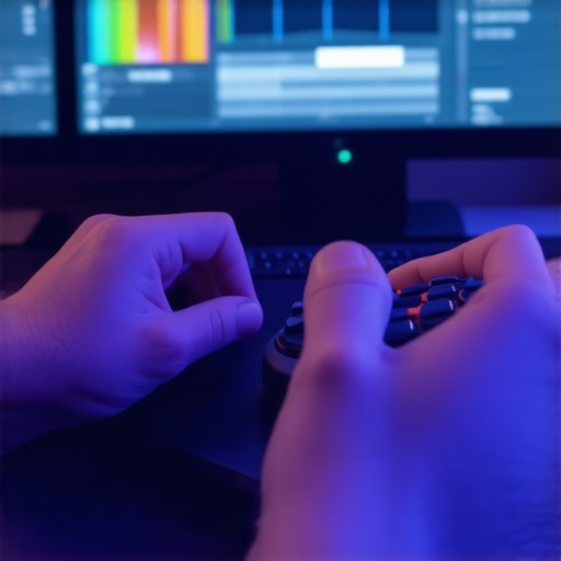 Hands of an editor using a trackball and macro pad in a professional color grading suite