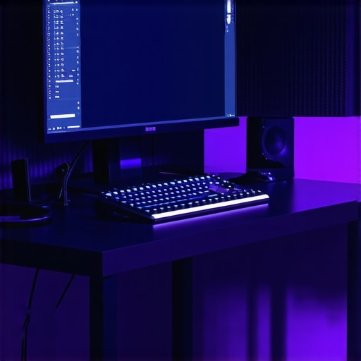 A high-end video editing suite featuring D65 bias lighting behind the monitor and acoustic panels for sound accuracy.