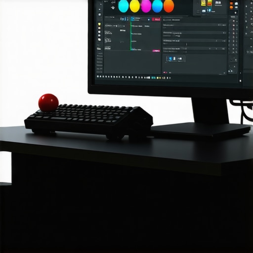 A professional editor's desk with a trackball, macro pad, and color grading monitor.