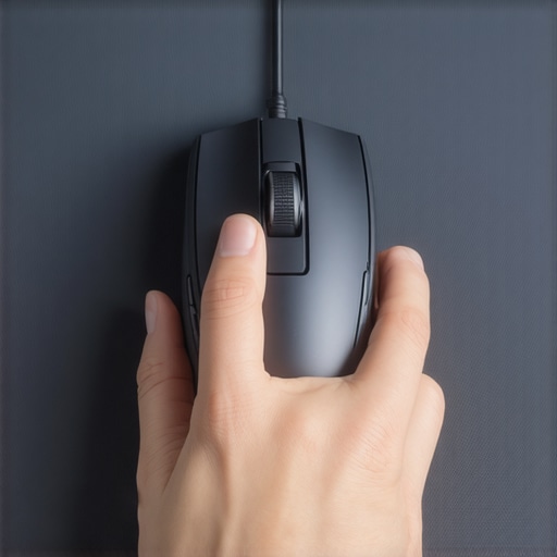 Close-up of a high-precision mouse used for professional photo and video editing on a textured surface.