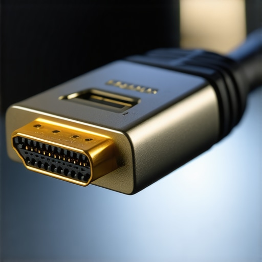 Close up of a professional high-speed HDMI cable used for 10-bit color grading signal chains.